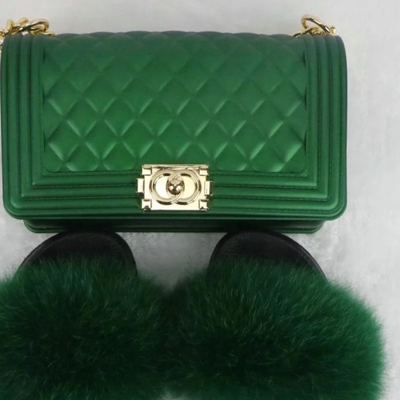 Fur Slides W/ Matching Purse: Emerald Green - Picture 1 of 2